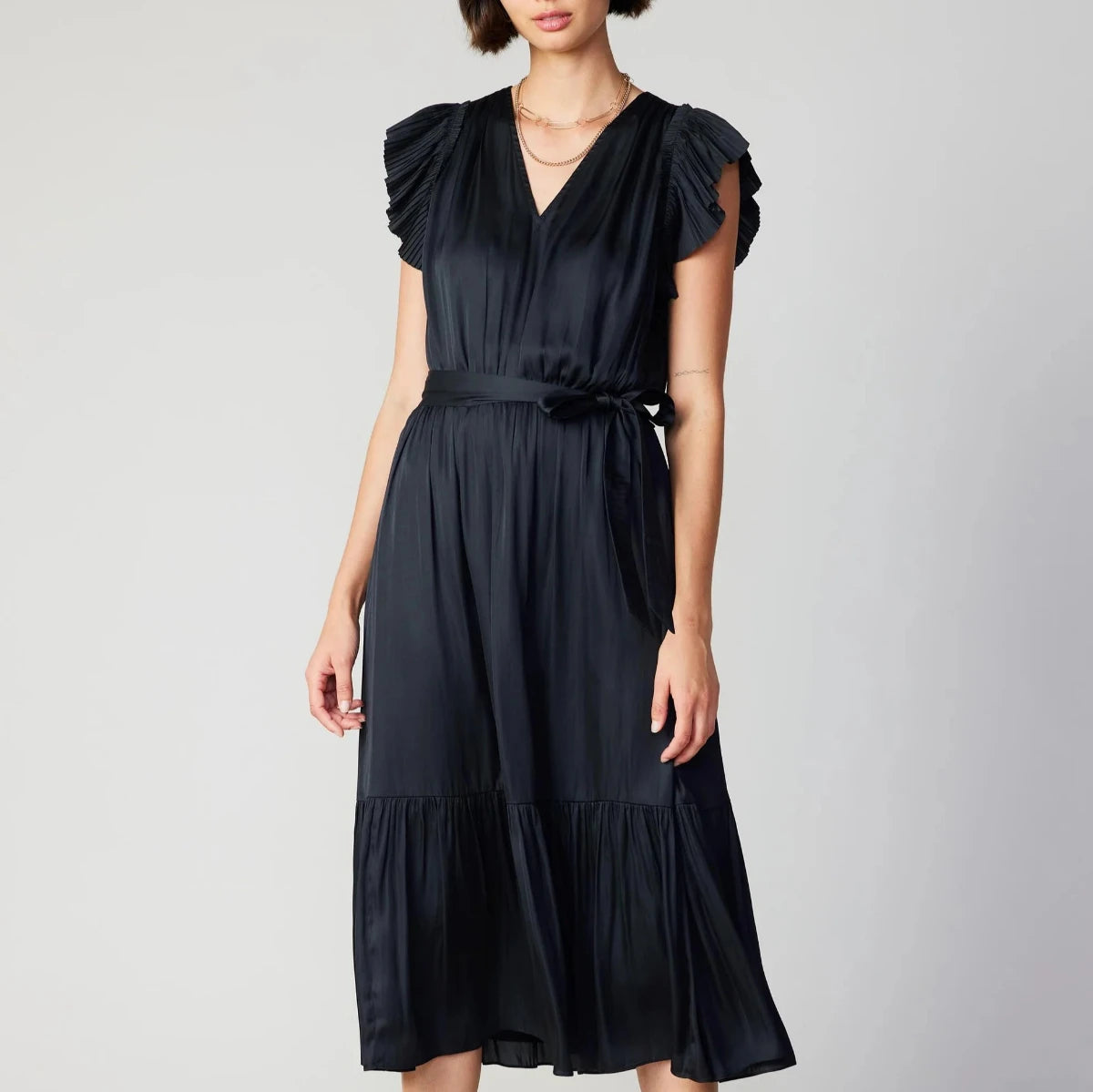 black crinkle midi dress with sash and vneck and short flutter sleeves