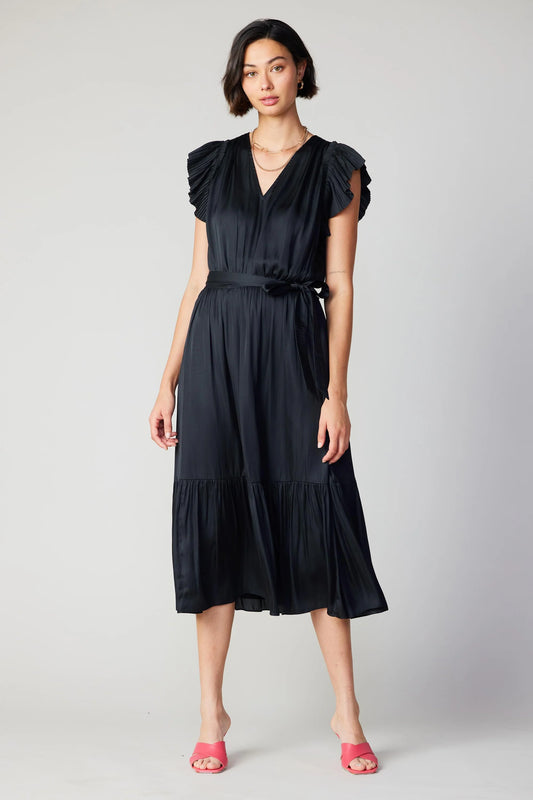 Natalia Flutter Sleeve Dress | Crinkle Silky Midi with Sash | Black | Current Air