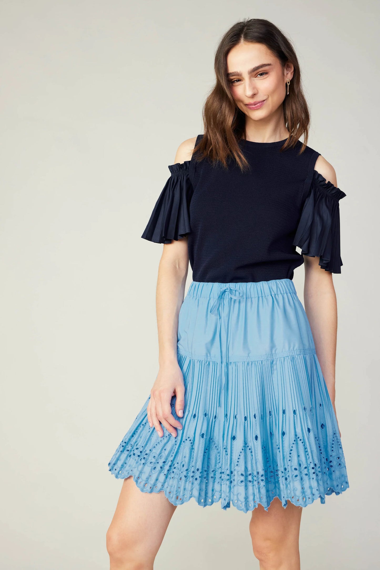 SALE | Scallop Eyelet Skirt | Cinched Drawstring Waist | Baby Blue | Current Air