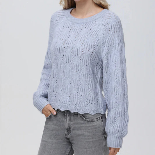 powder blue pointelle knit crochet sweater with crew neck and scallop hem