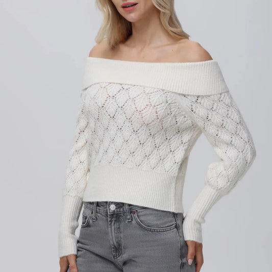 ivory off the shoulder pointelle sweater