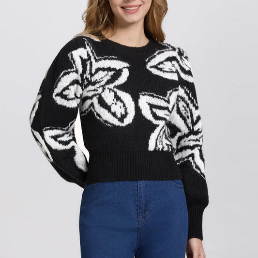 black crew neck knit sweater with large white floral pattern