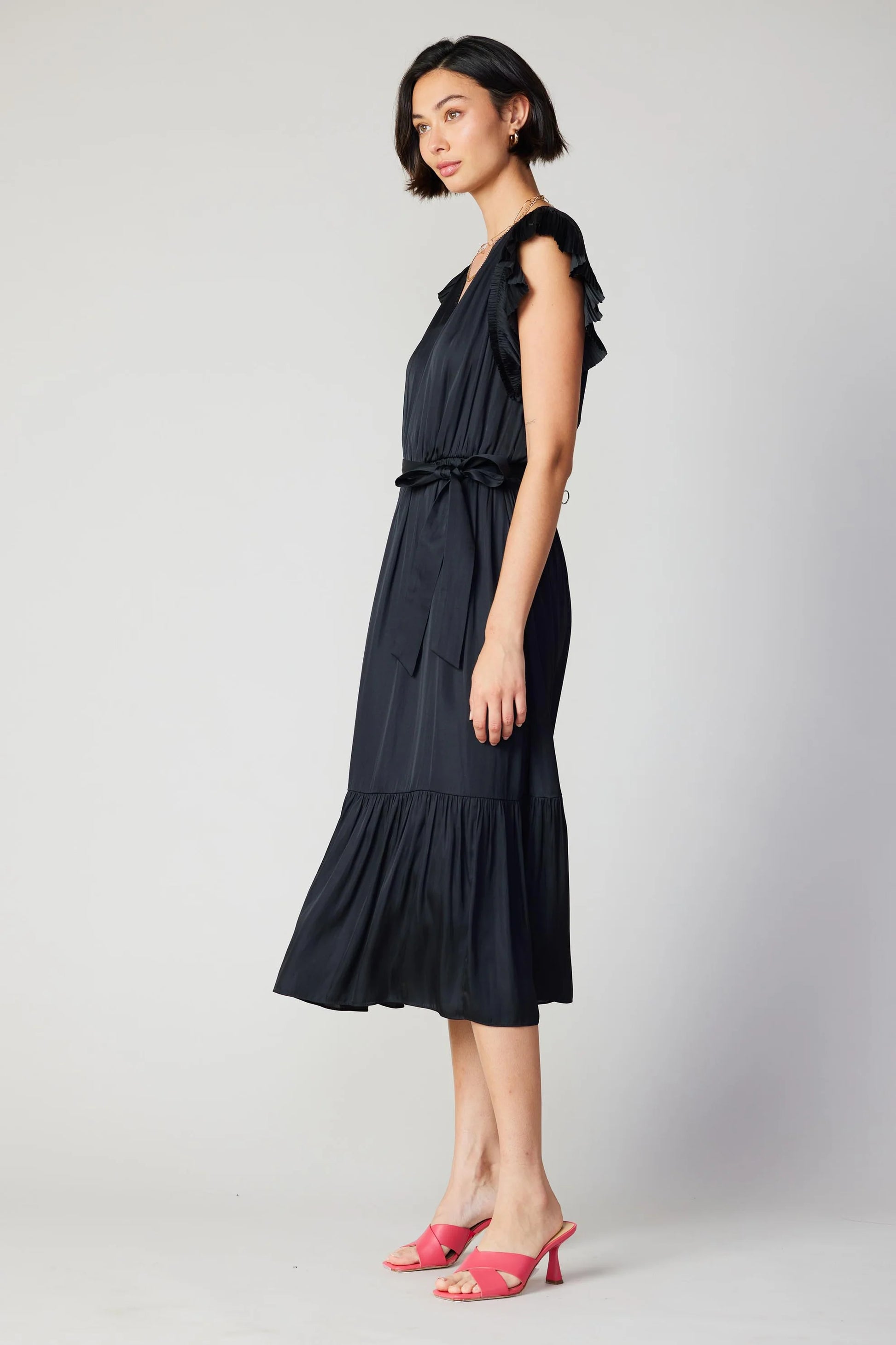 black crinkle midi dress with sash and vneck and short flutter sleeves