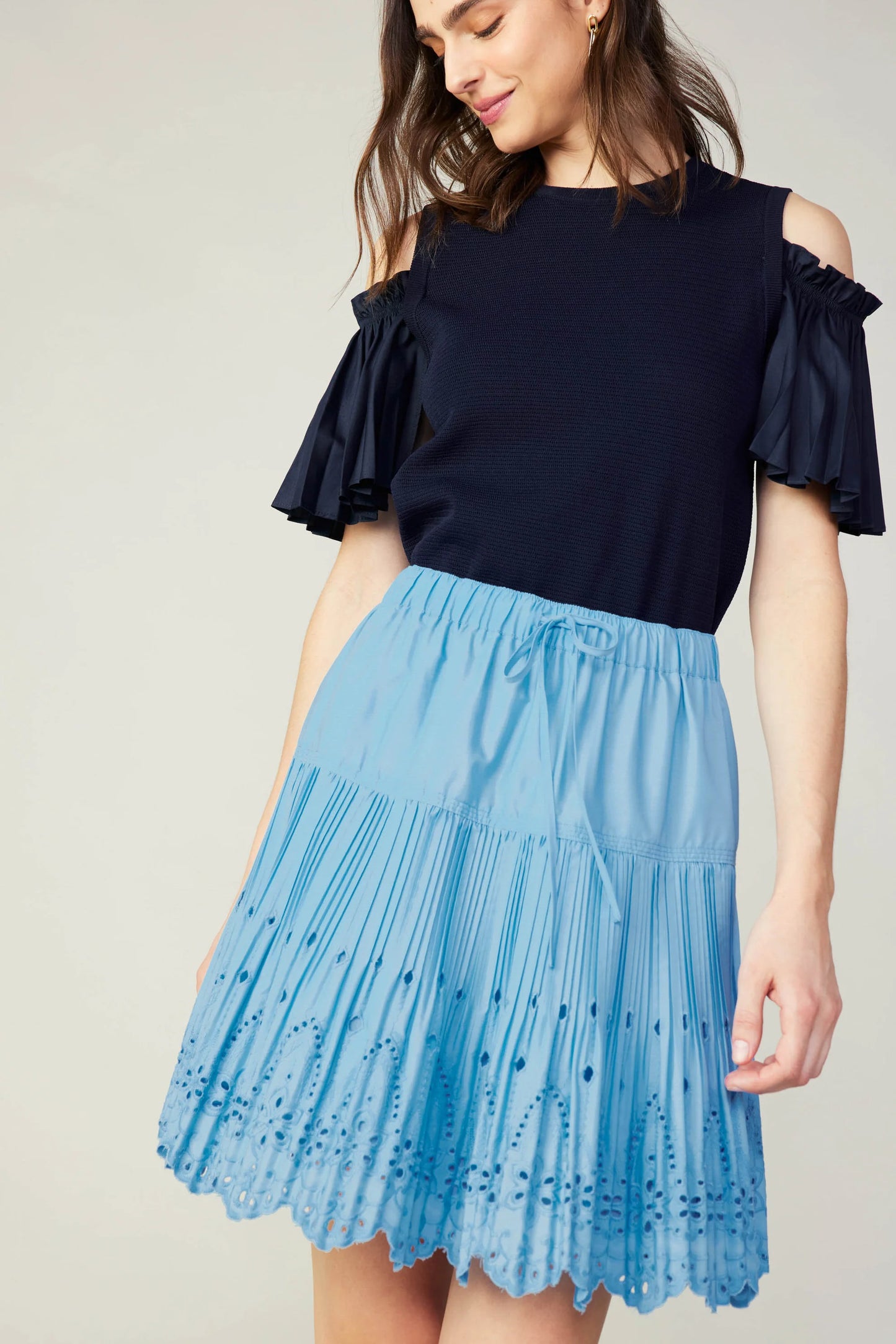 SALE | Scallop Eyelet Skirt | Cinched Drawstring Waist | Baby Blue | Current Air