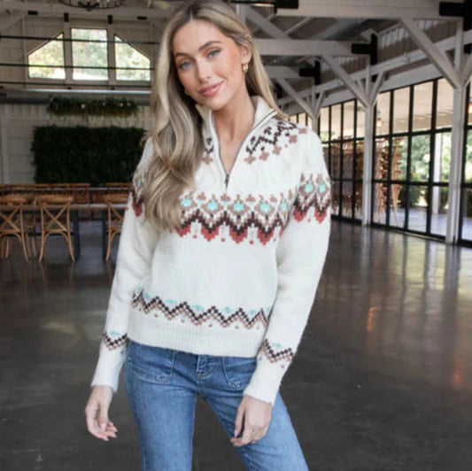 quarter zip fair isle pullover sweater