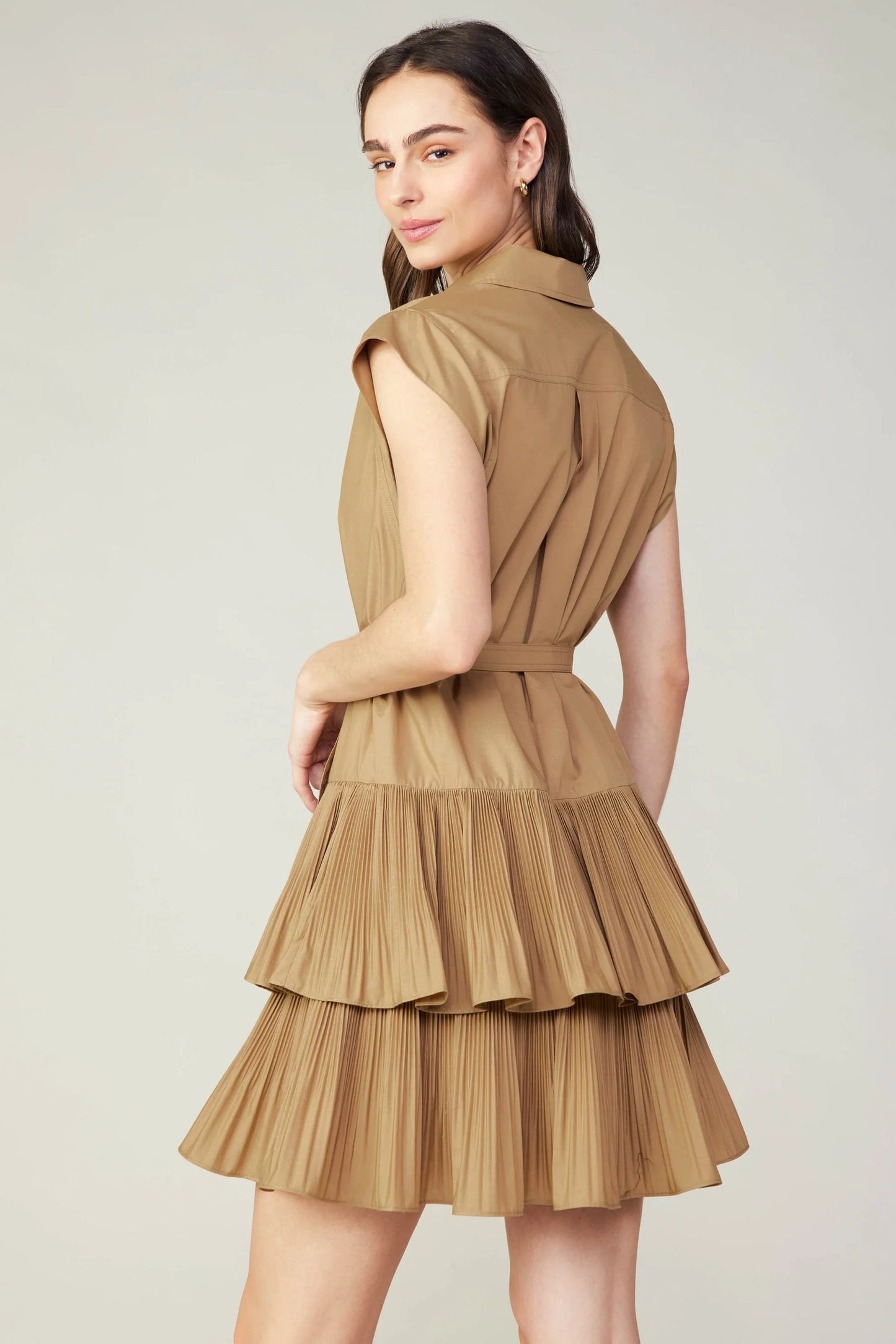 khaki mini shirt dress with double tiered pleated skirt and wrap round belt