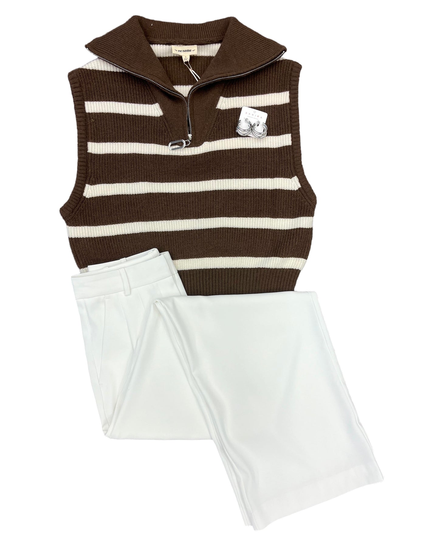 Striped Sweater Vest | Quarter Zip Sleeveless | Mocha Ivory