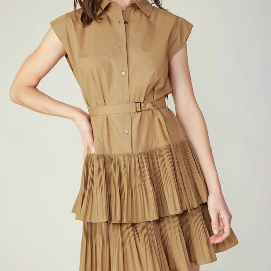 khaki mini shirt dress with double tiered pleated skirt and wrap round belt