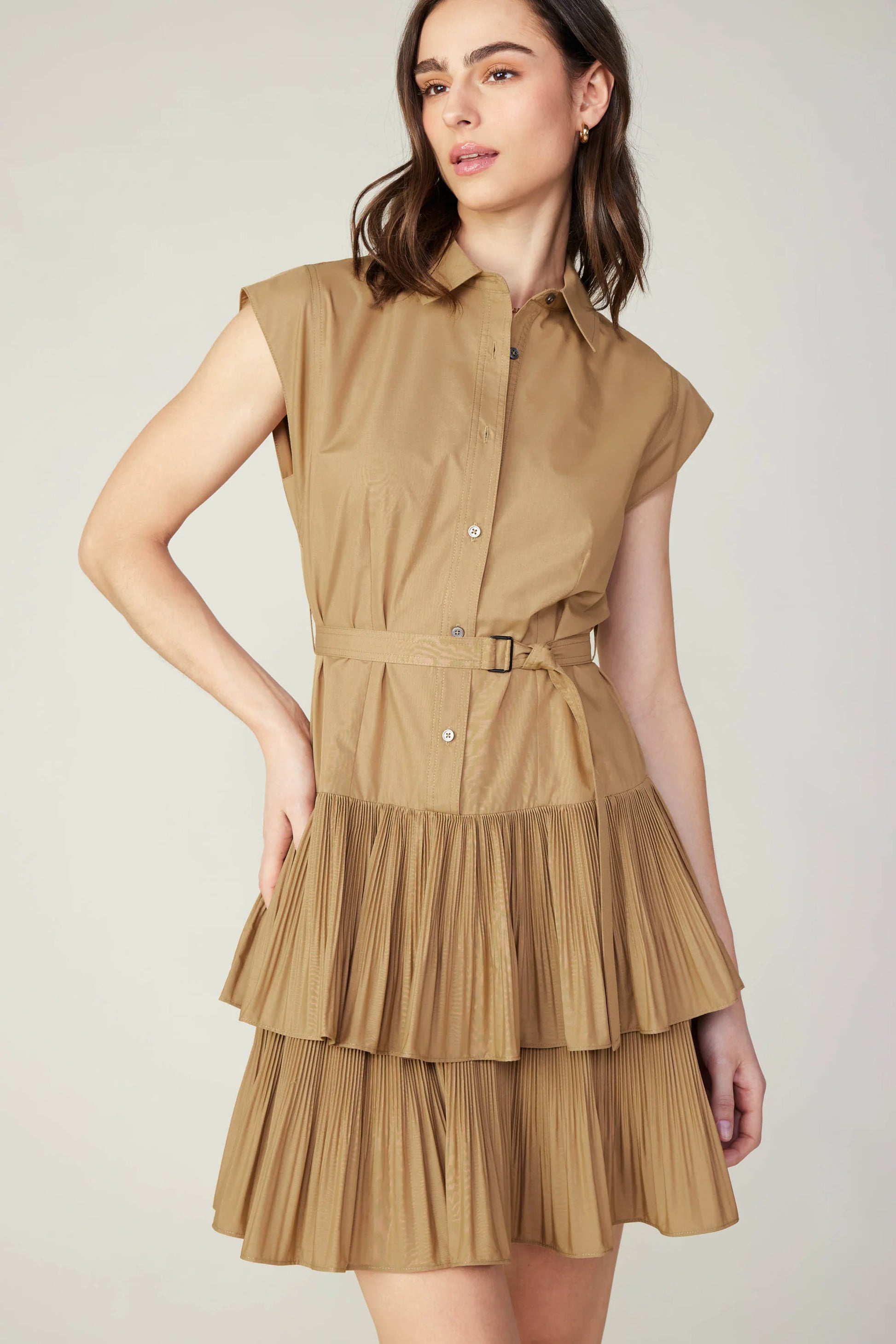 khaki mini shirt dress with double tiered pleated skirt and wrap round belt