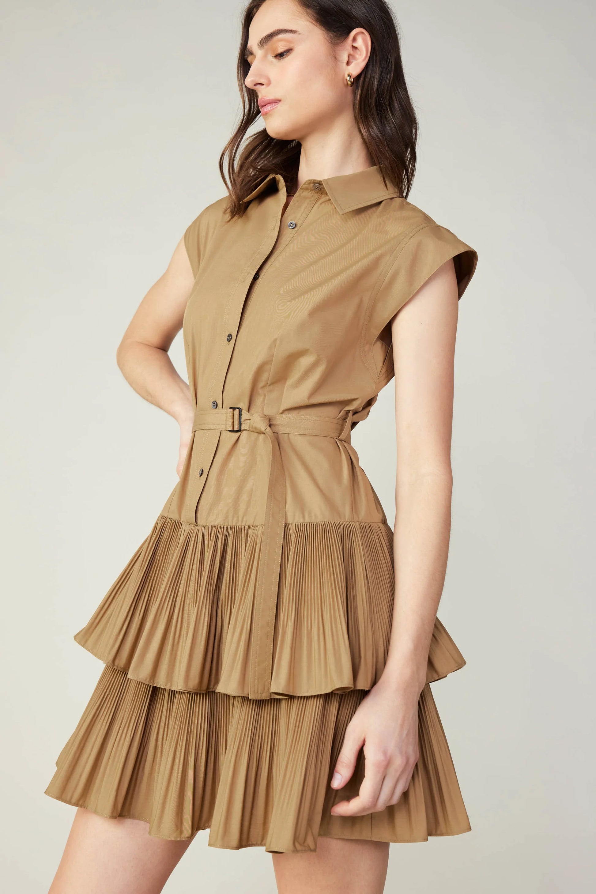 khaki mini shirt dress with double tiered pleated skirt and wrap round belt