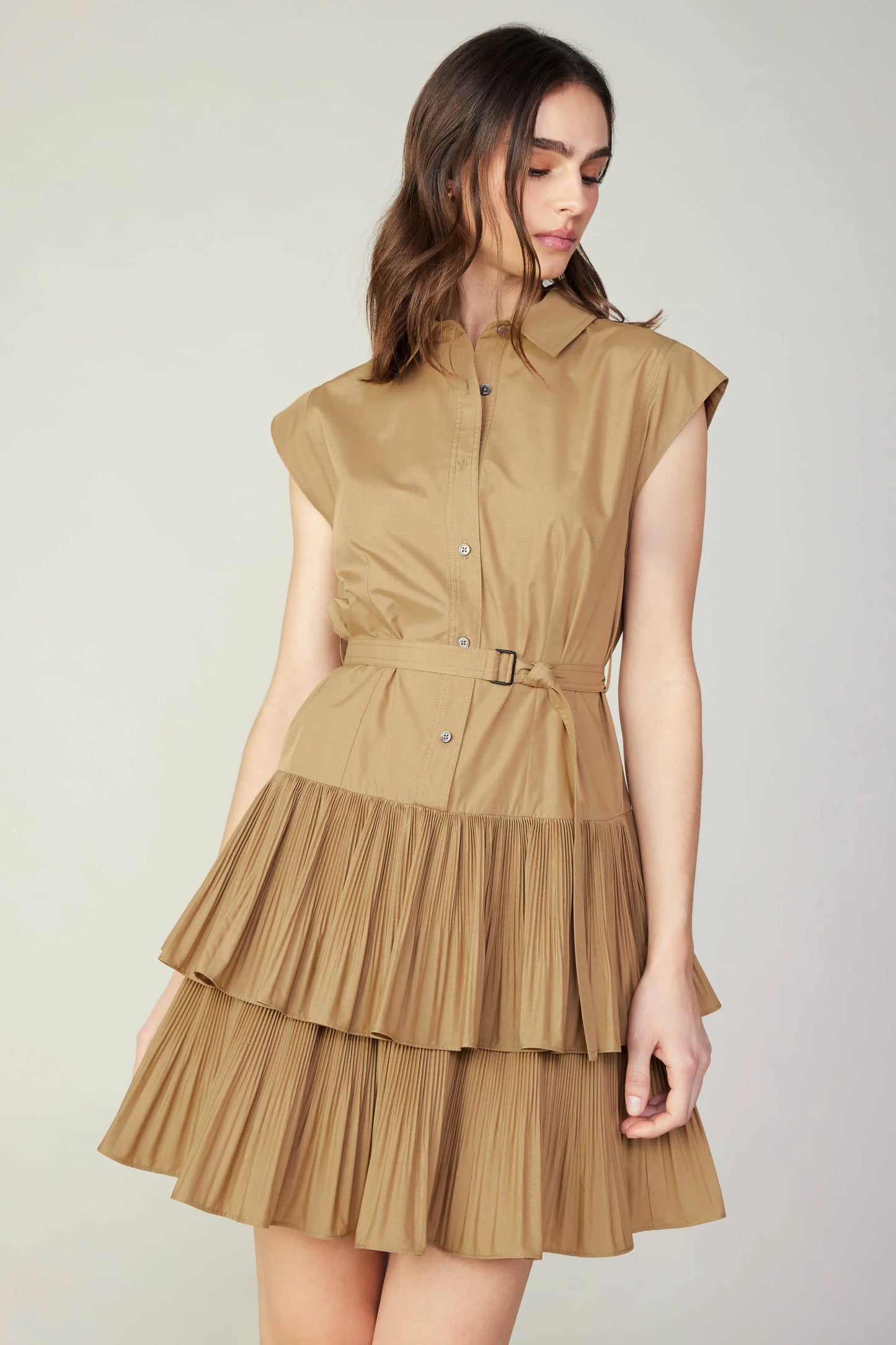 khaki mini shirt dress with double tiered pleated skirt and wrap round belt