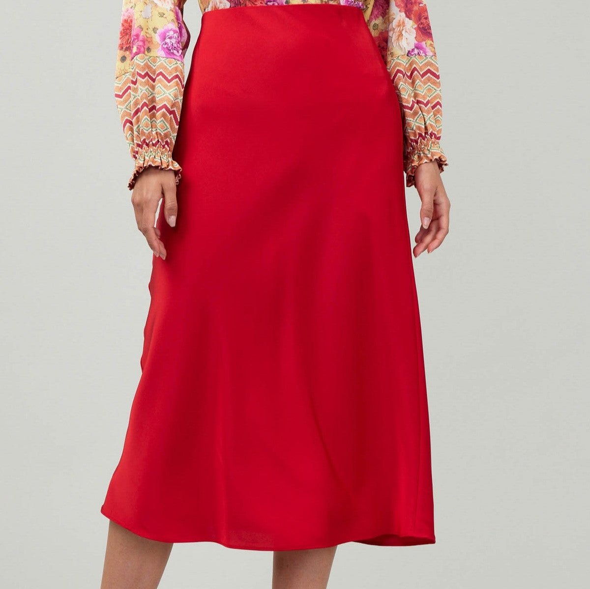 red satin midi bias skirt