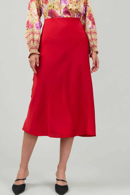 red satin midi bias skirt