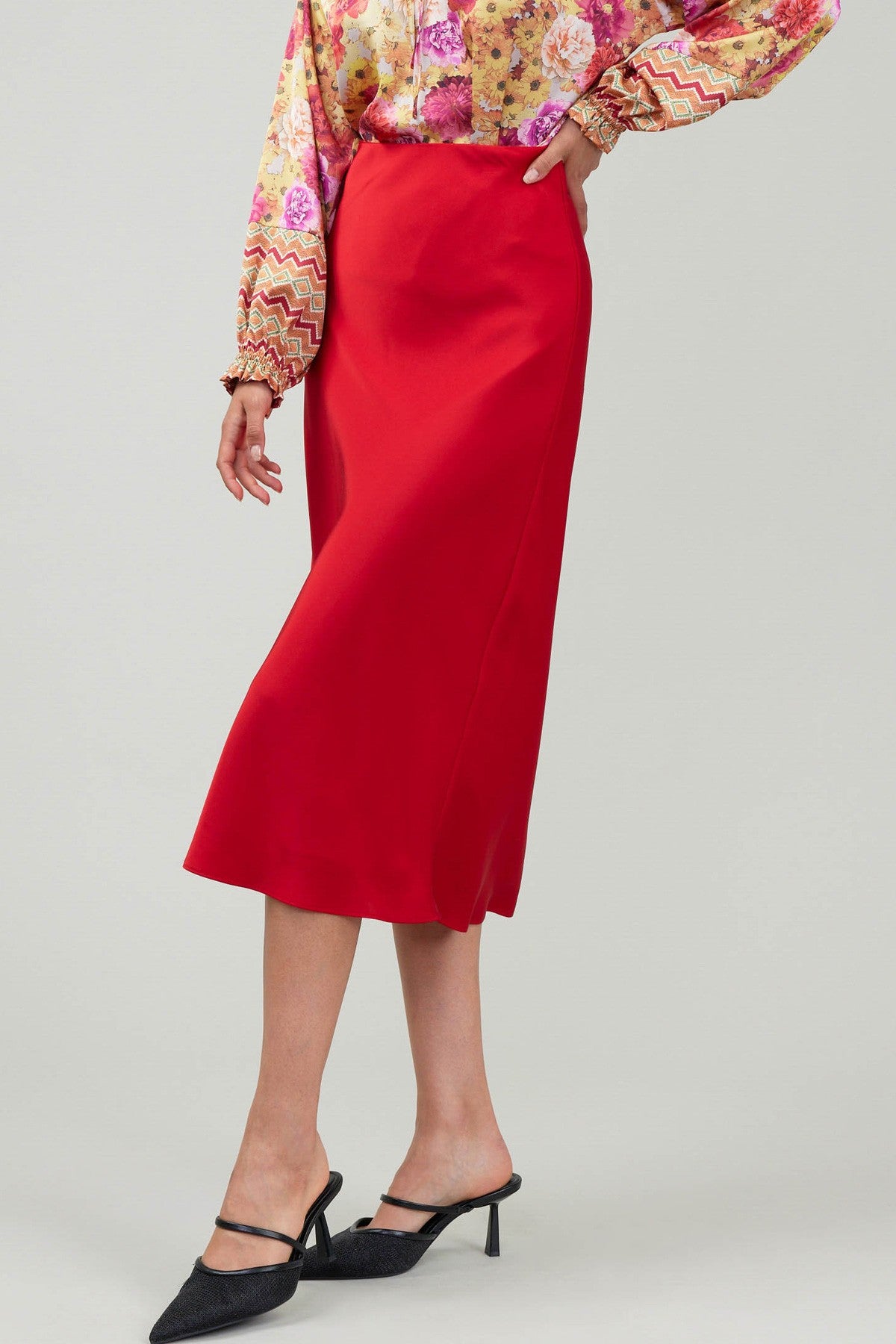 red satin midi bias skirt