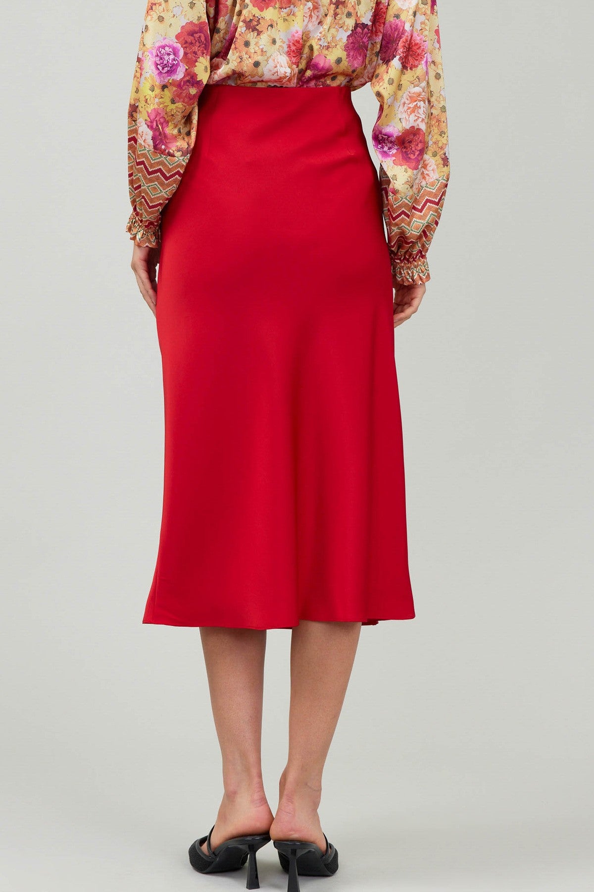 red satin midi bias skirt