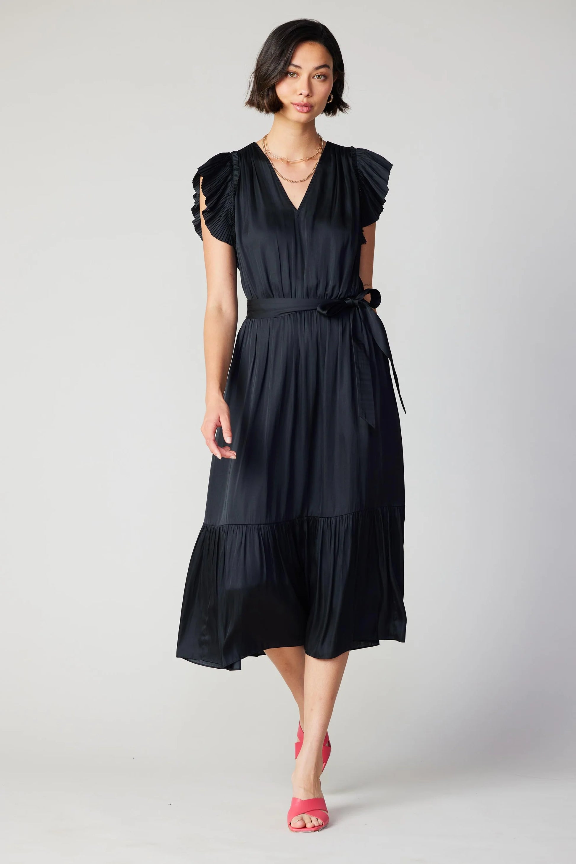 black crinkle midi dress with sash and vneck and short flutter sleeves