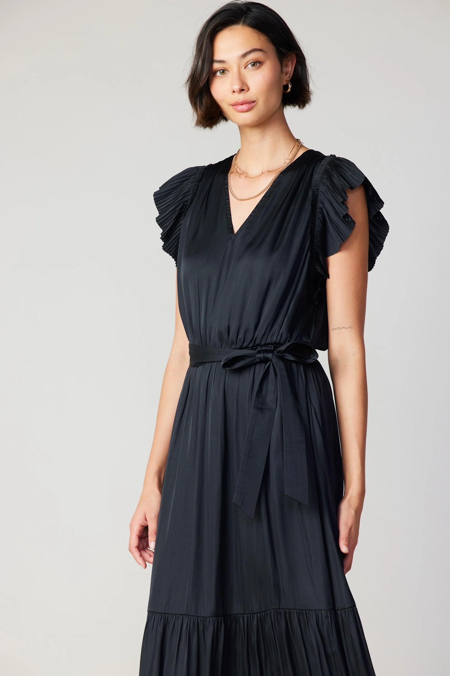 black crinkle midi dress with sash and vneck and short flutter sleeves