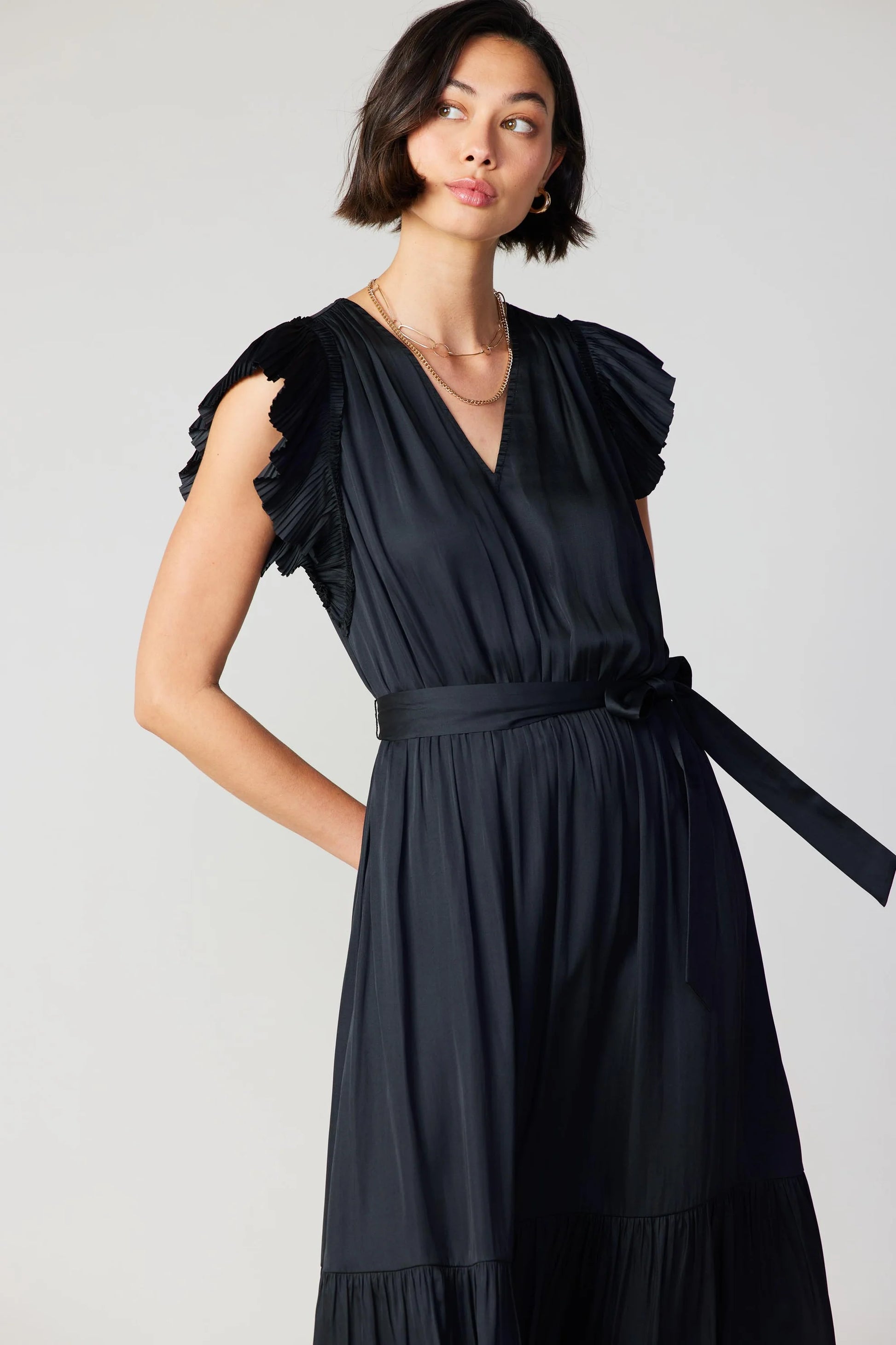 black crinkle midi dress with sash and vneck and short flutter sleeves