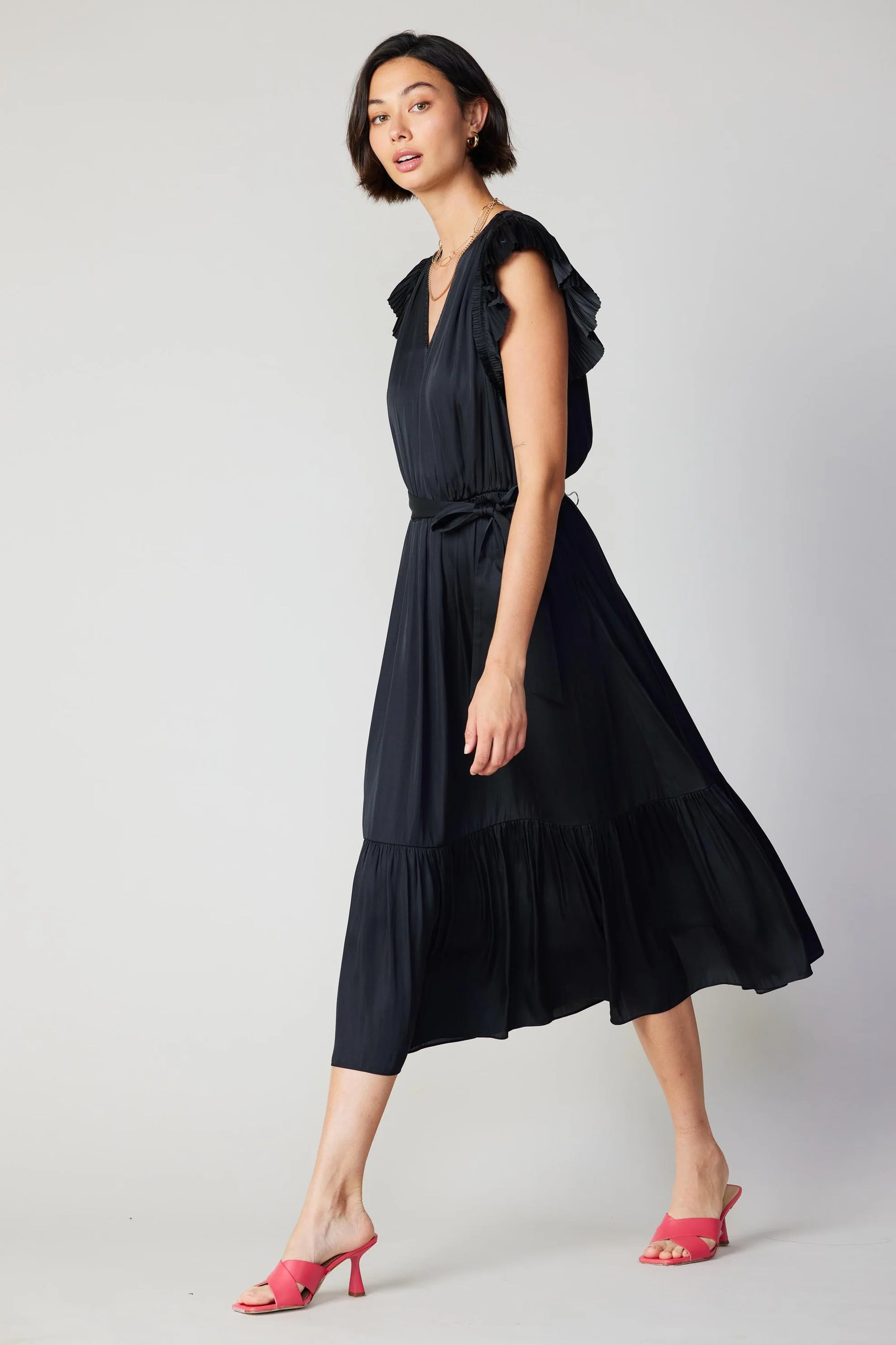 black crinkle midi dress with sash and vneck and short flutter sleeves