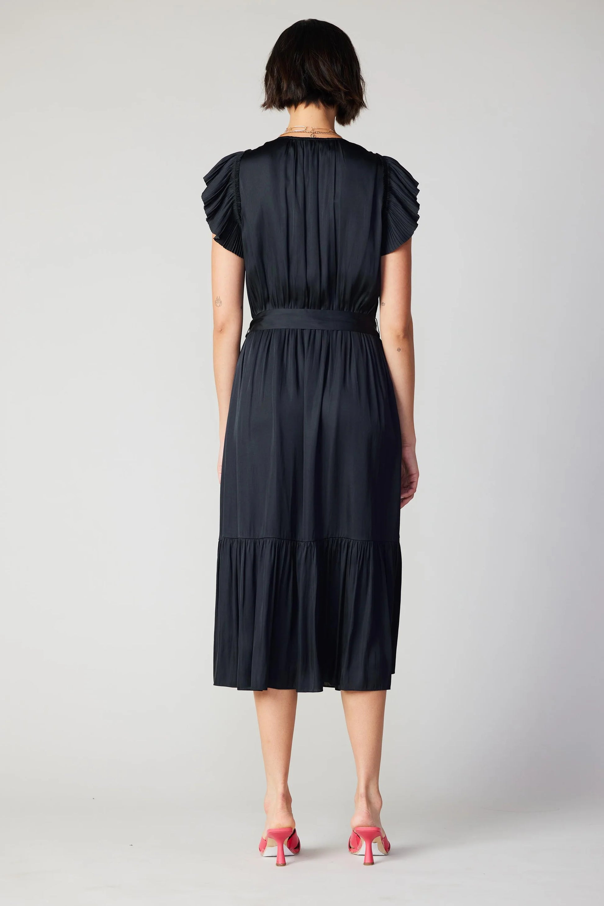 black crinkle midi dress with sash and vneck and short flutter sleeves