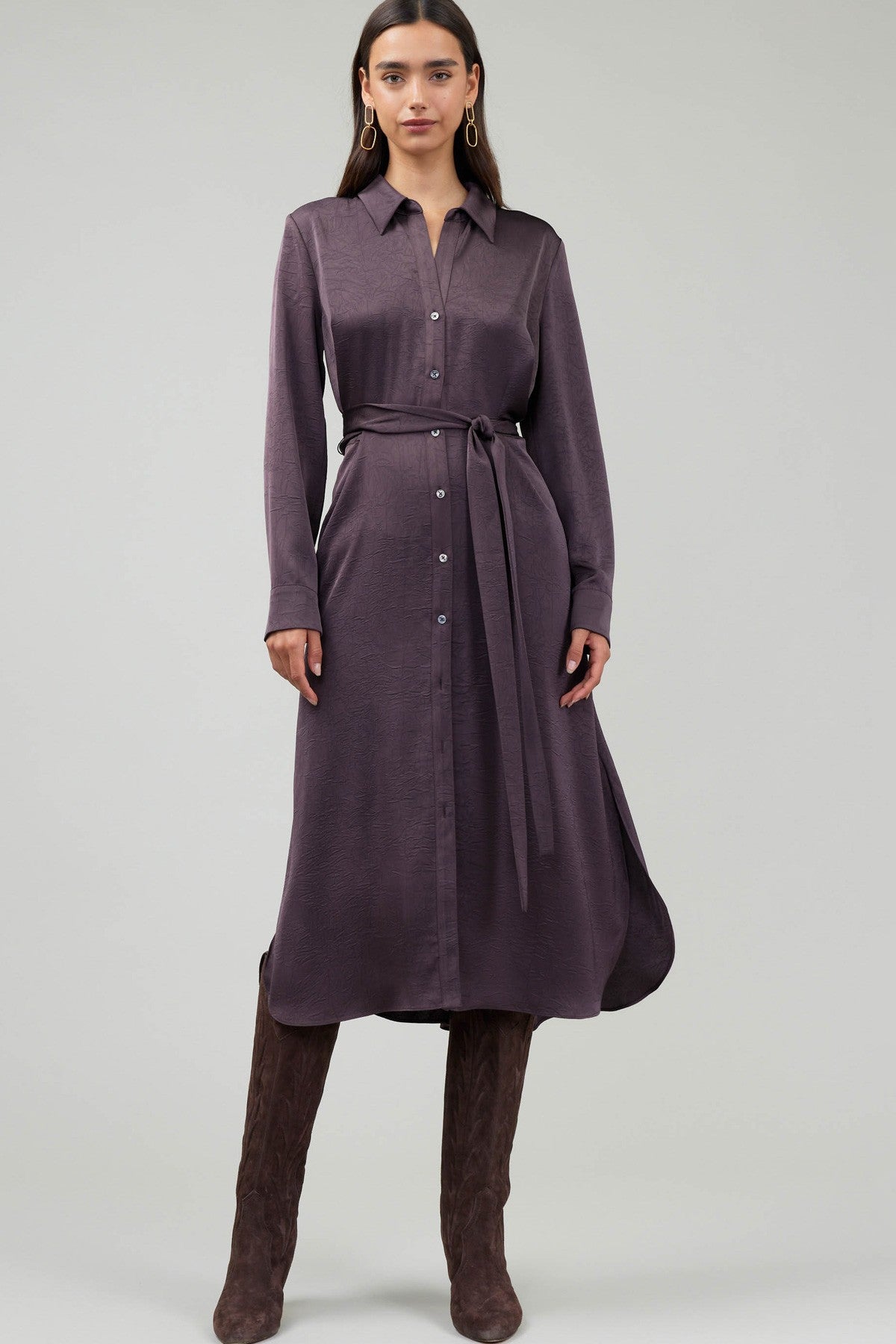 dark purple long sleeve midi button down midi dress