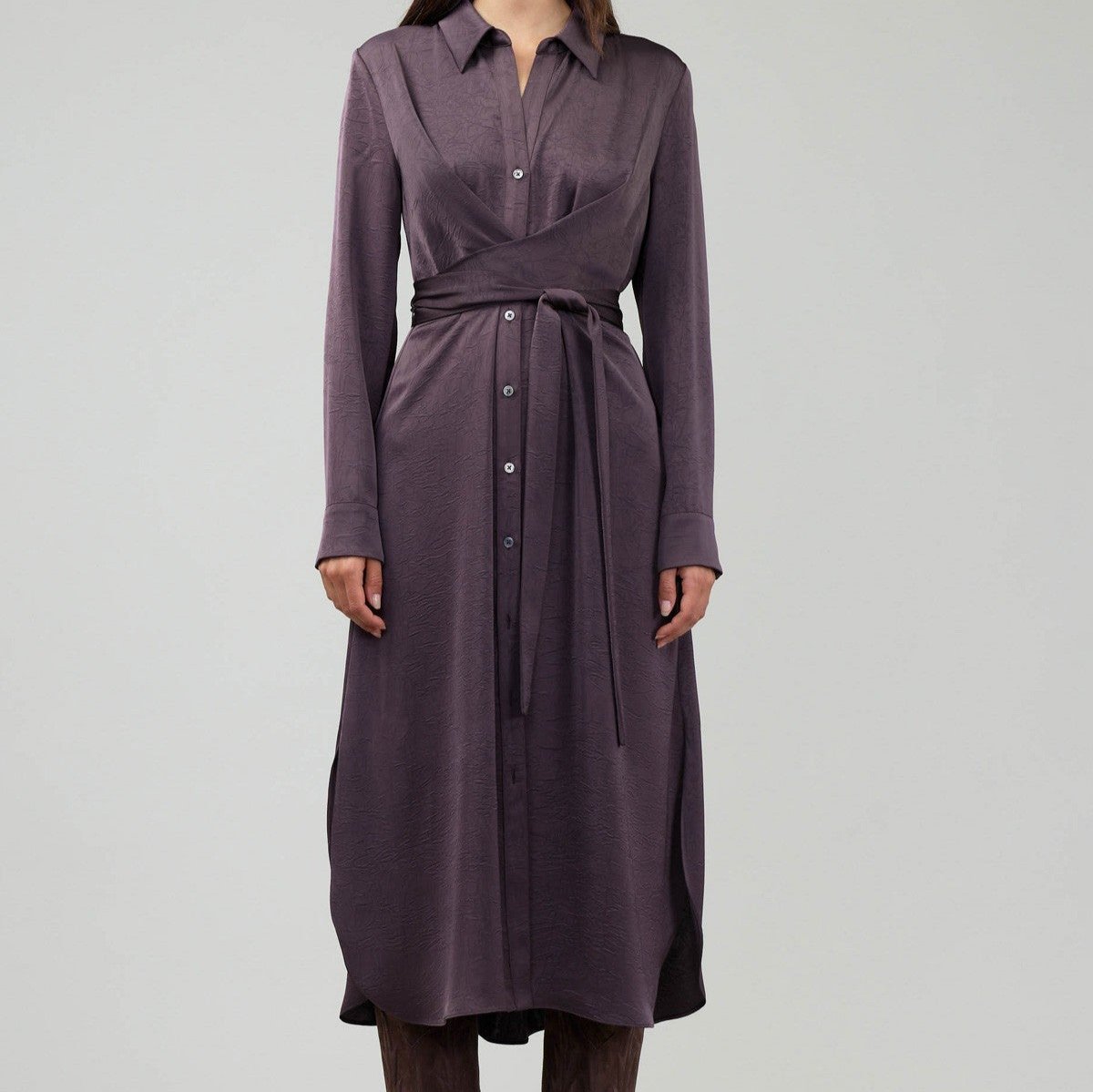 dark purple long sleeve midi button down midi dress