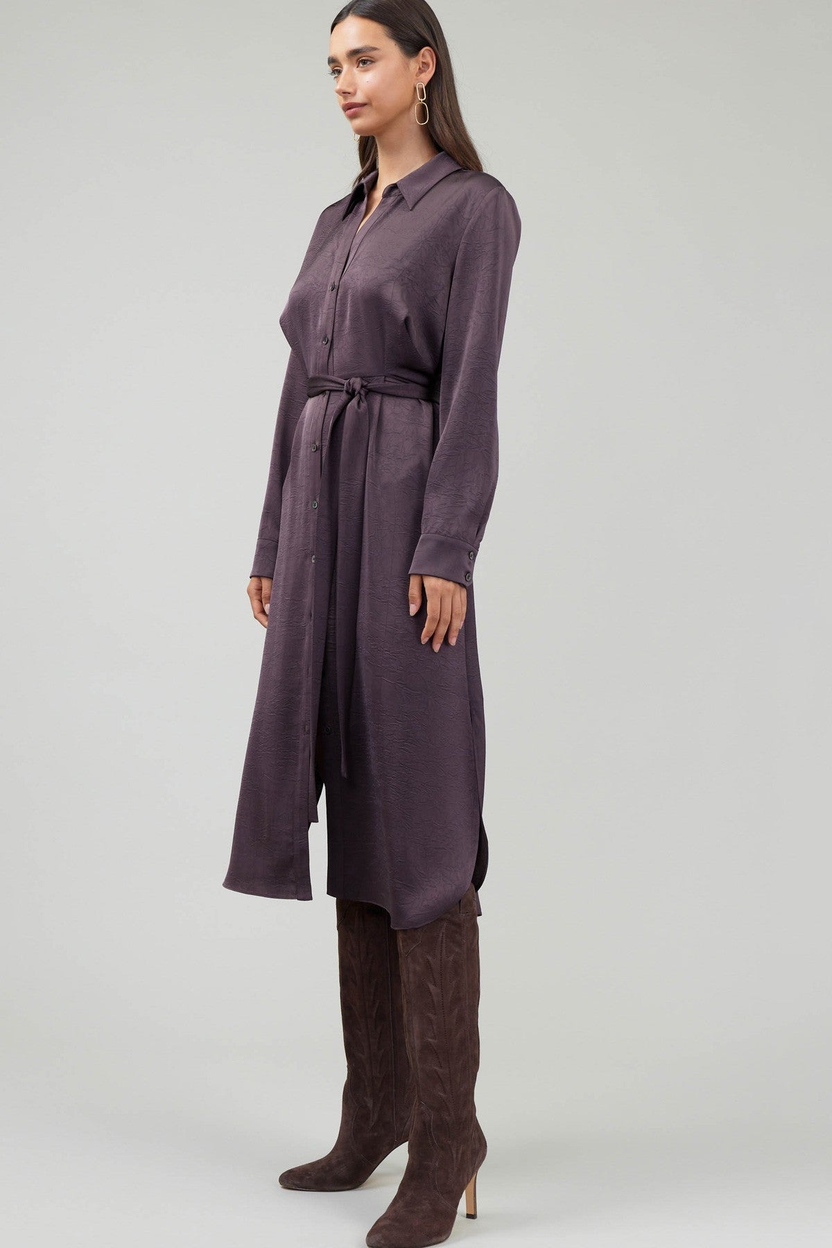 dark purple long sleeve midi button down midi dress