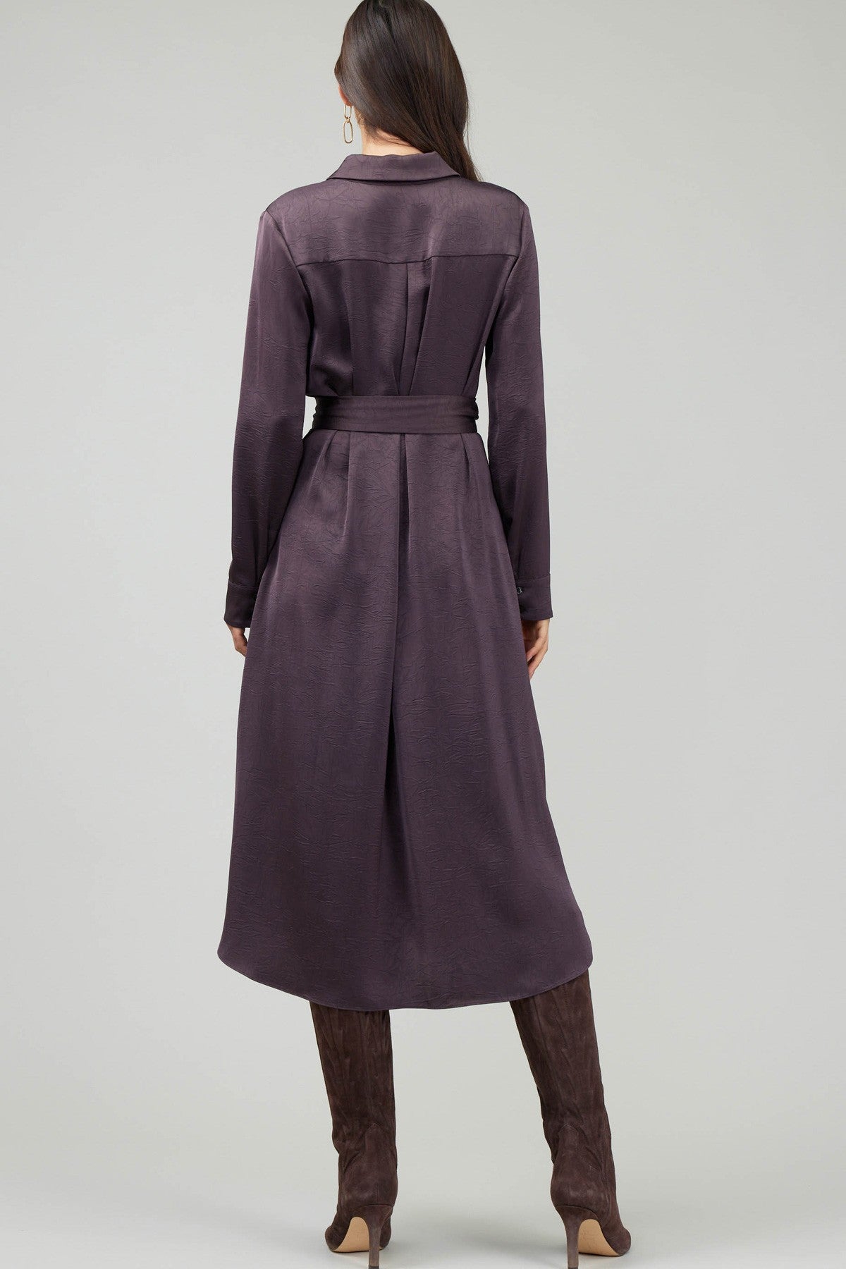 dark purple long sleeve midi button down midi dress