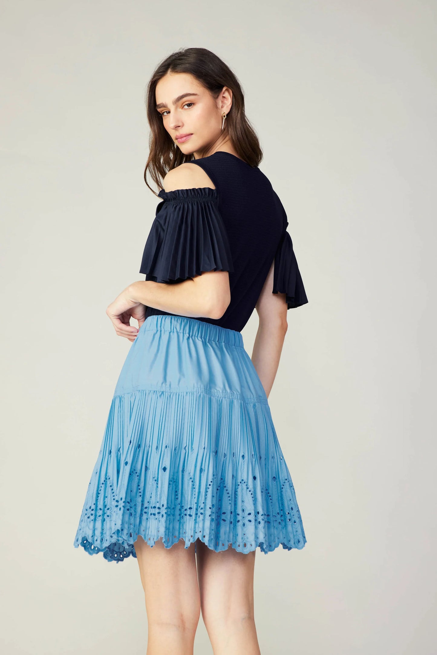 SALE | Scallop Eyelet Skirt | Cinched Drawstring Waist | Baby Blue | Current Air