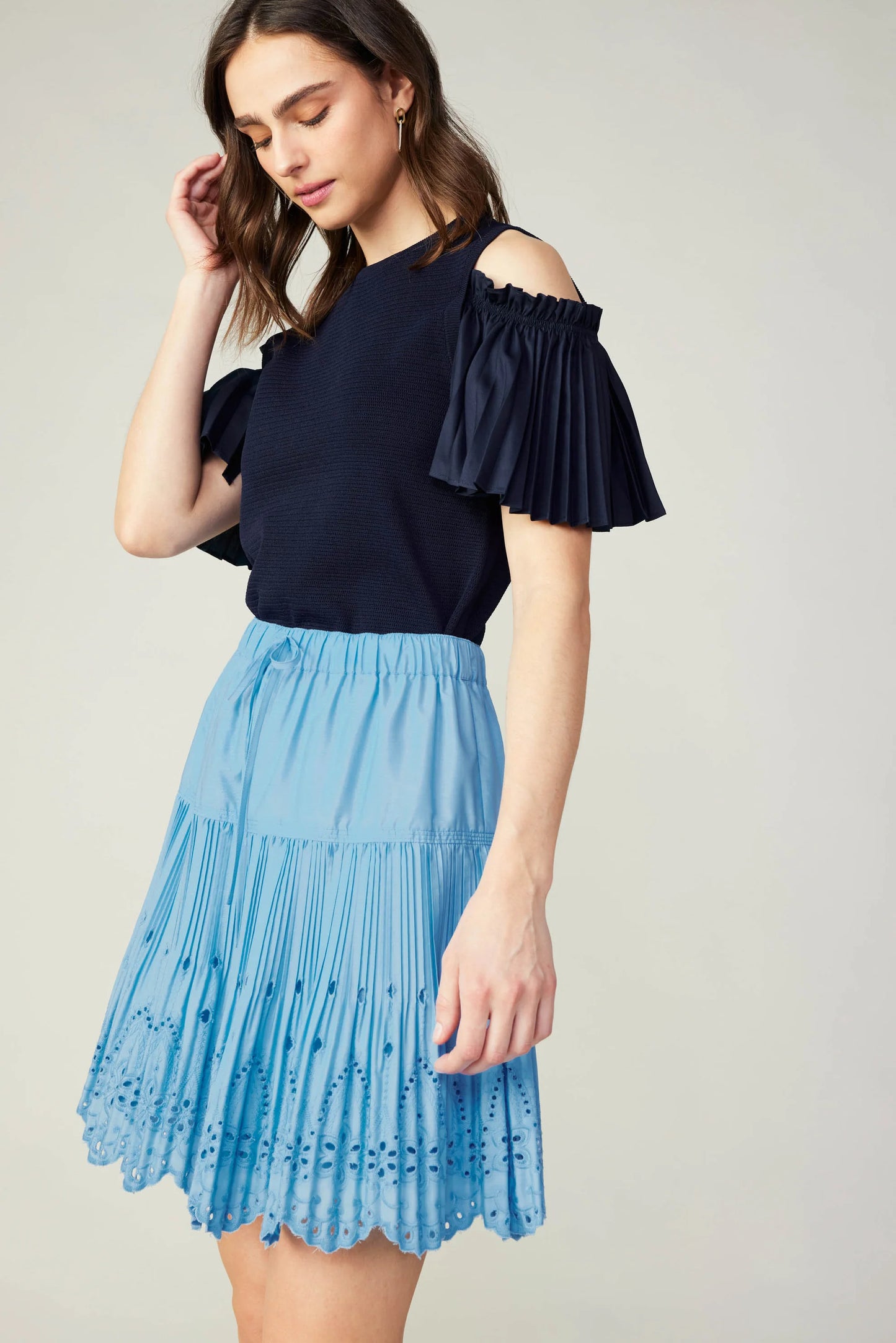 SALE | Scallop Eyelet Skirt | Cinched Drawstring Waist | Baby Blue | Current Air