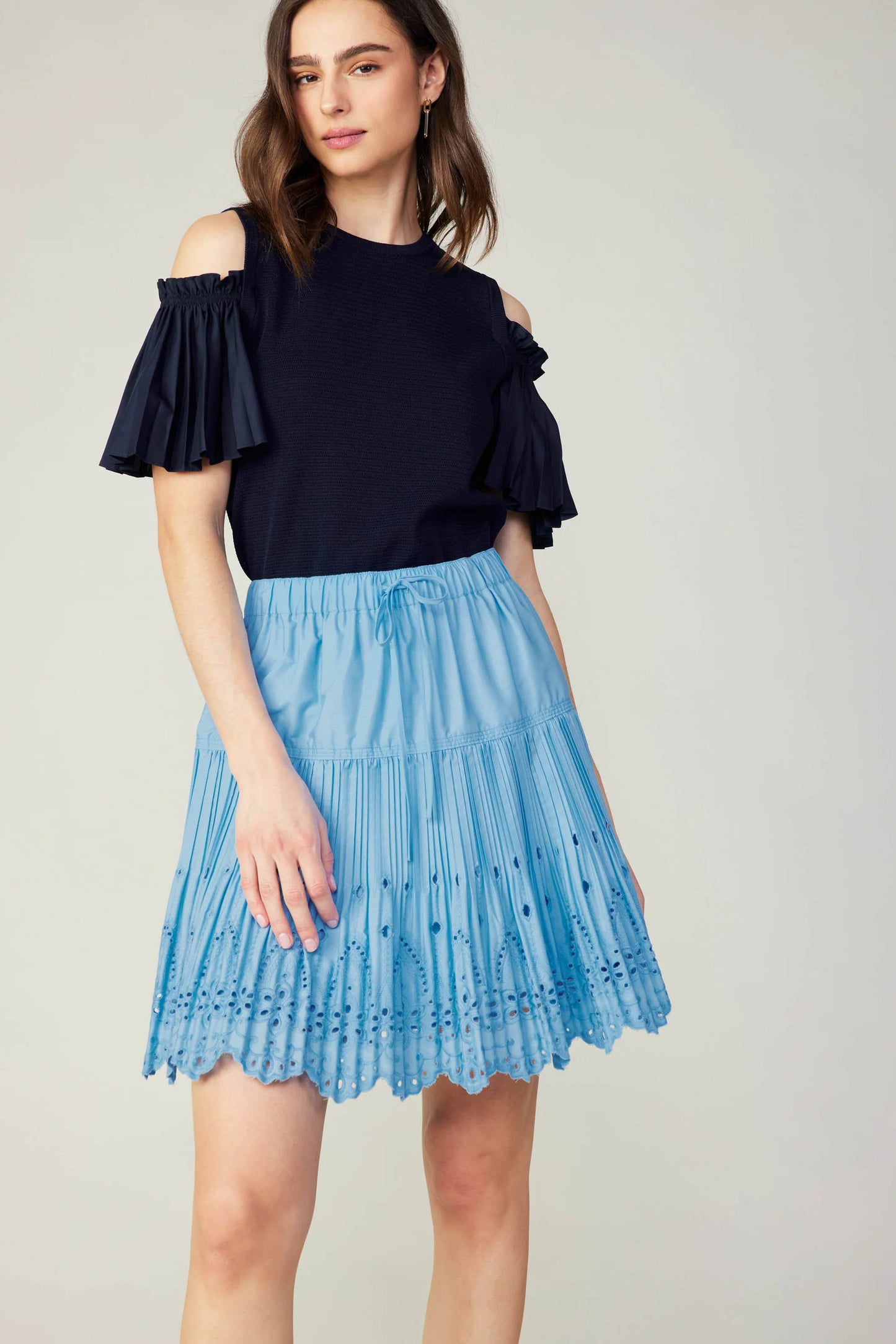 SALE | Scallop Eyelet Skirt | Cinched Drawstring Waist | Baby Blue | Current Air