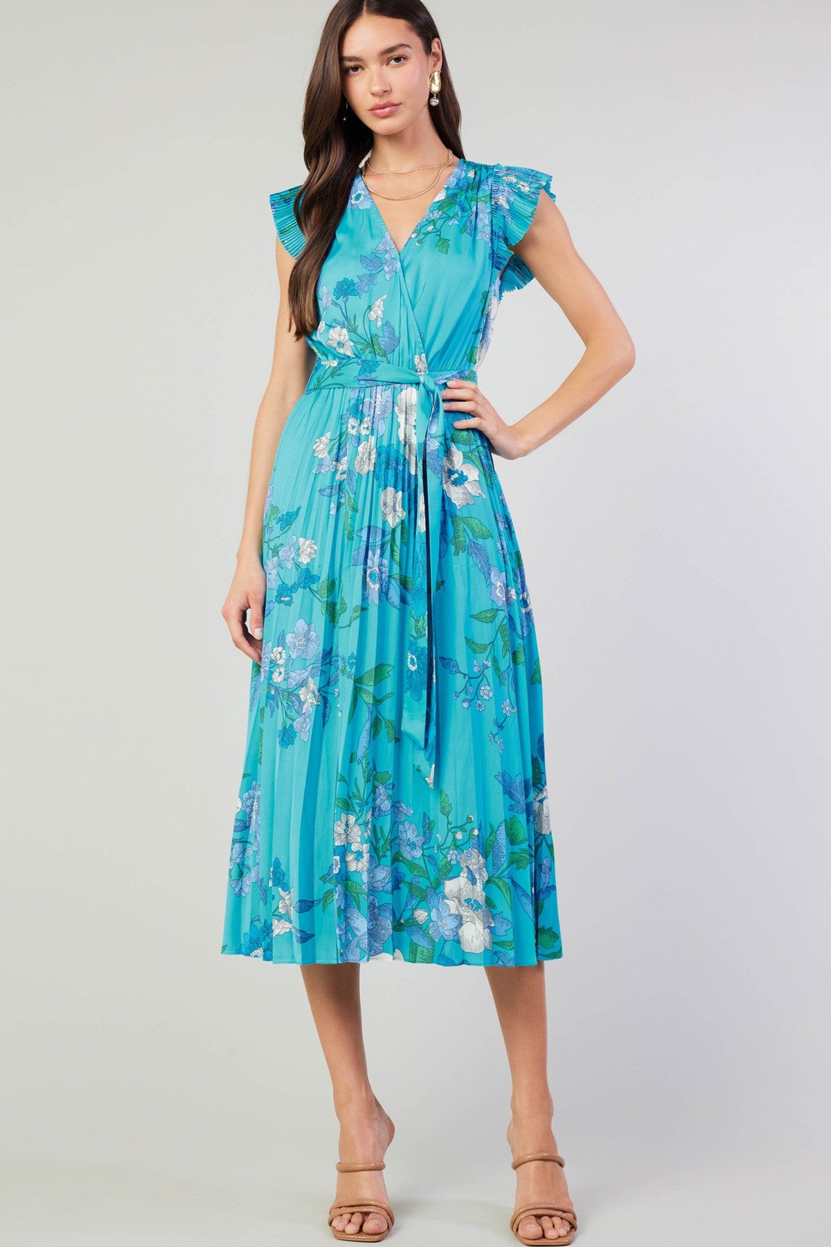 SALE | Floral Pleated Midi Dress | Crinkle Flutter Sleeves | Sash Belt | Blue Turquoise | Current Air