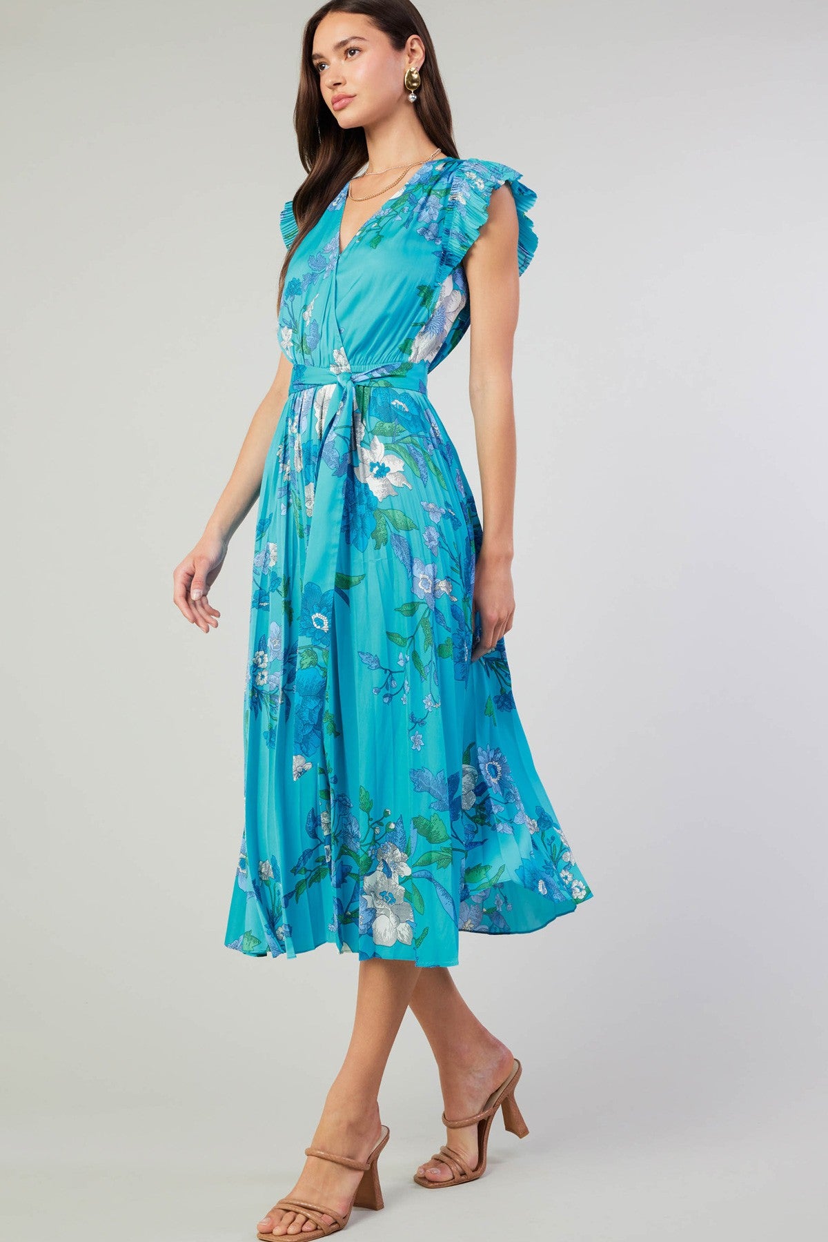 SALE | Floral Pleated Midi Dress | Crinkle Flutter Sleeves | Sash Belt | Blue Turquoise | Current Air