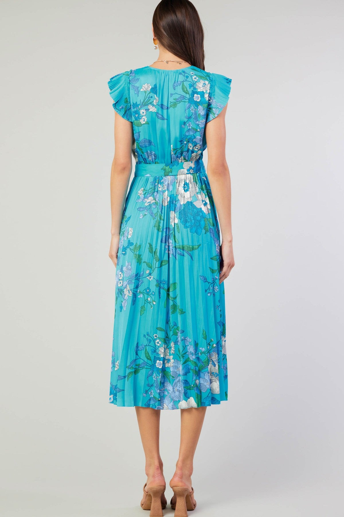 SALE | Floral Pleated Midi Dress | Crinkle Flutter Sleeves | Sash Belt | Blue Turquoise | Current Air