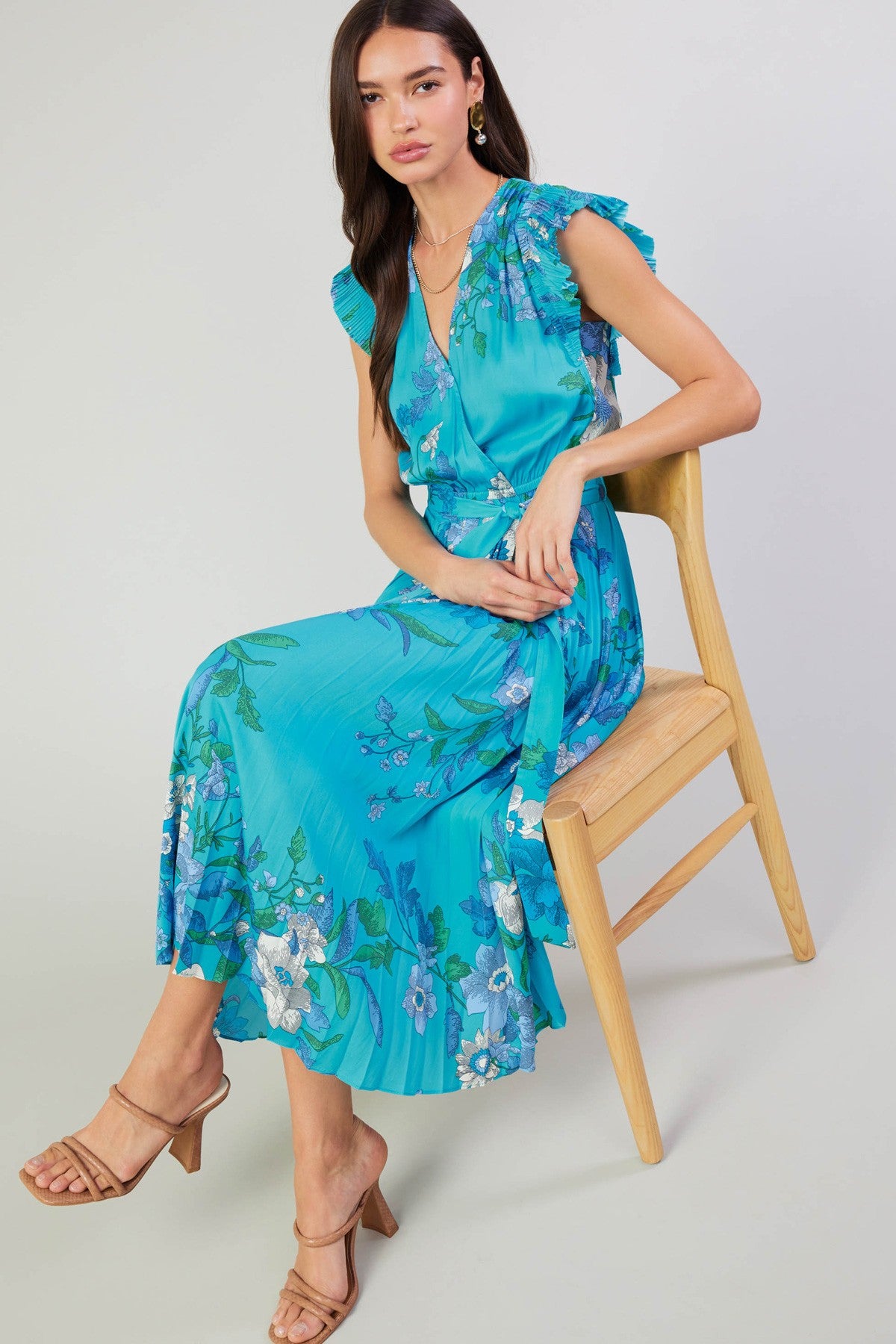 SALE | Floral Pleated Midi Dress | Crinkle Flutter Sleeves | Sash Belt | Blue Turquoise | Current Air