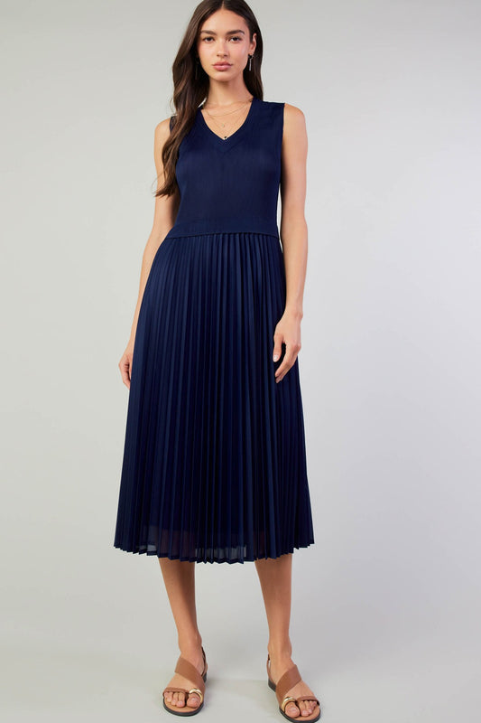 Sleeveless VNeck Pleated Midi Dress | Mixed Media | Navy Blue | Current Air