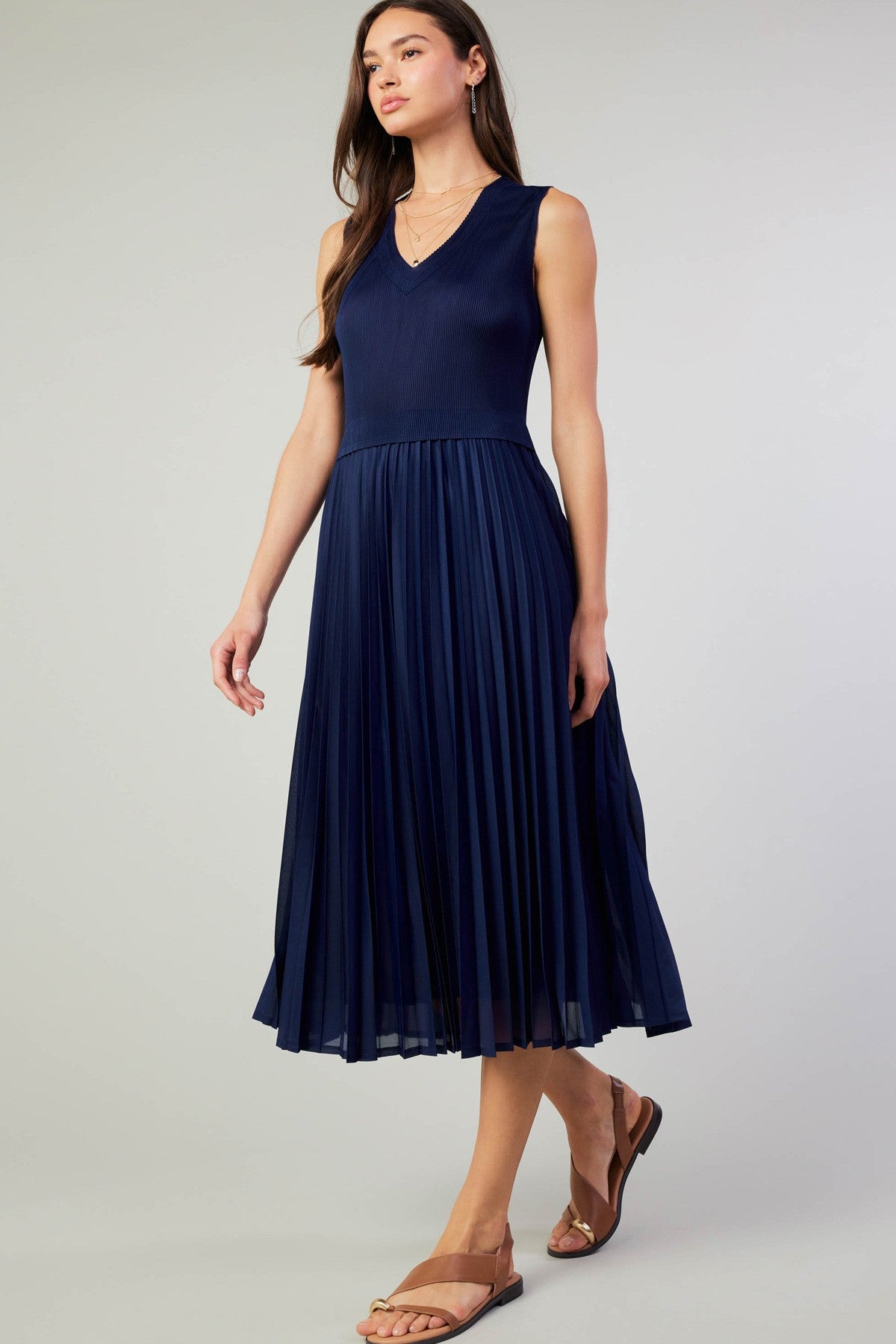 Sleeveless VNeck Pleated Midi Dress | Mixed Media | Navy Blue | Current Air