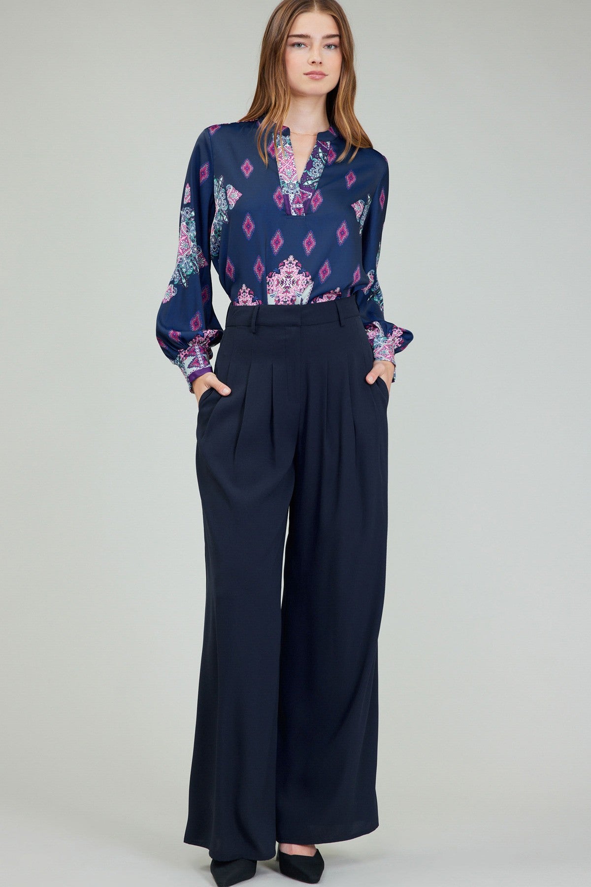 navy wide leg pleated slacks