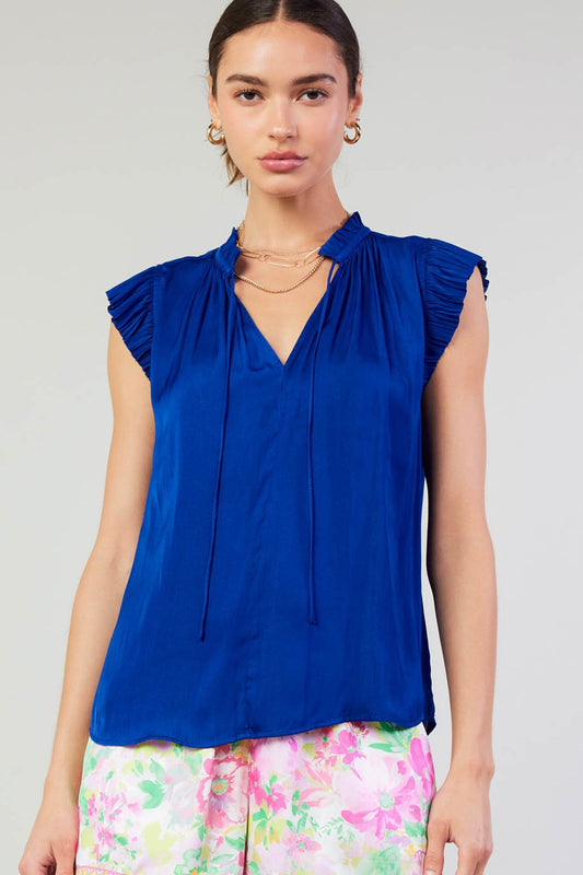 SALE | Pleated Short Sleeve Blouse | Silky Top with Tie | Red and Cobalt | Current Air