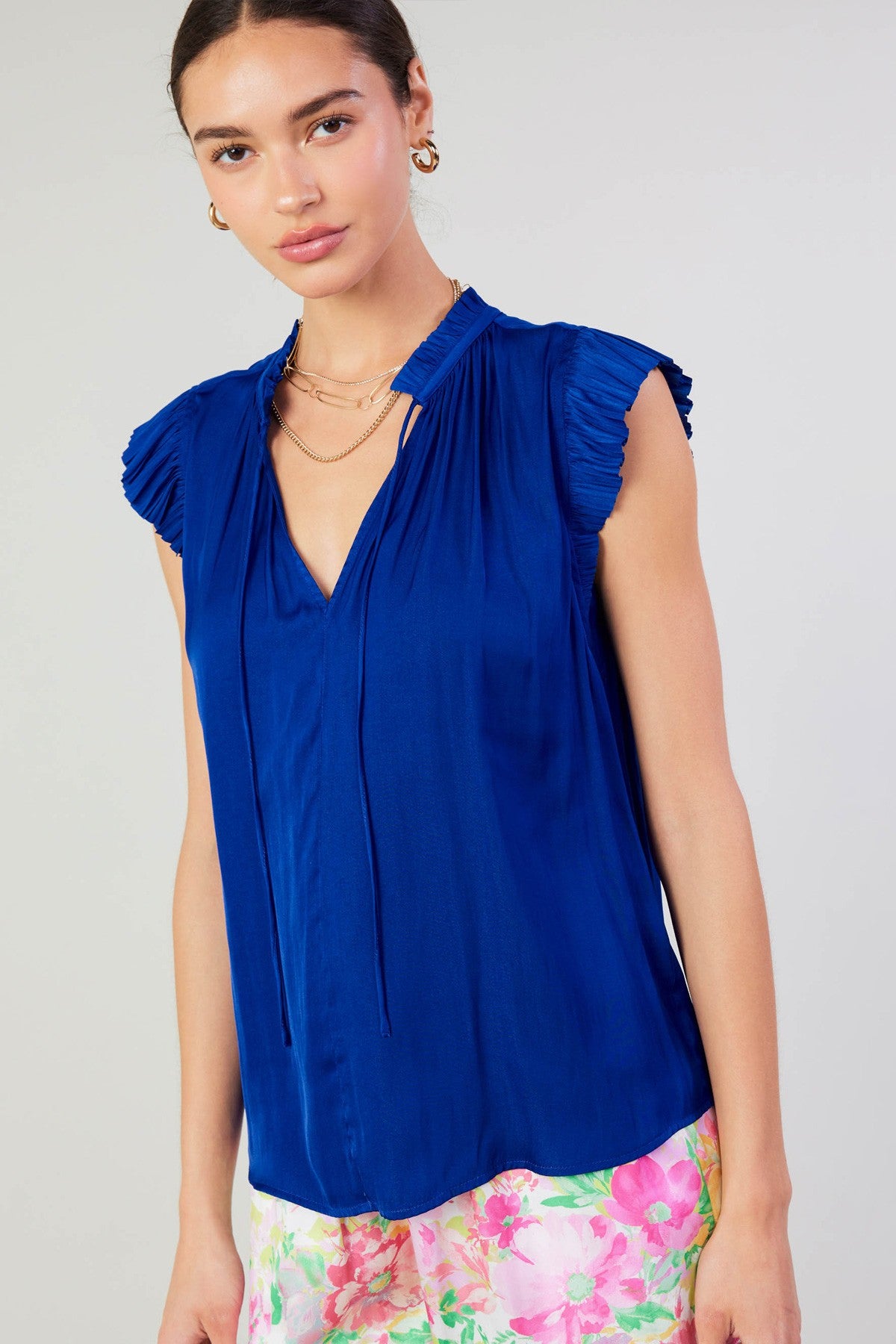 SALE | Pleated Short Sleeve Blouse | Silky Top with Tie | Red and Cobalt | Current Air