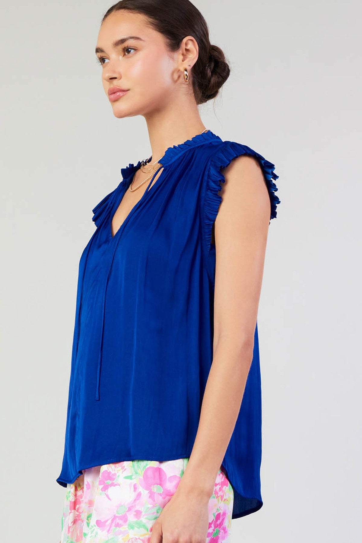 SALE | Pleated Short Sleeve Blouse | Silky Top with Tie | Red and Cobalt | Current Air