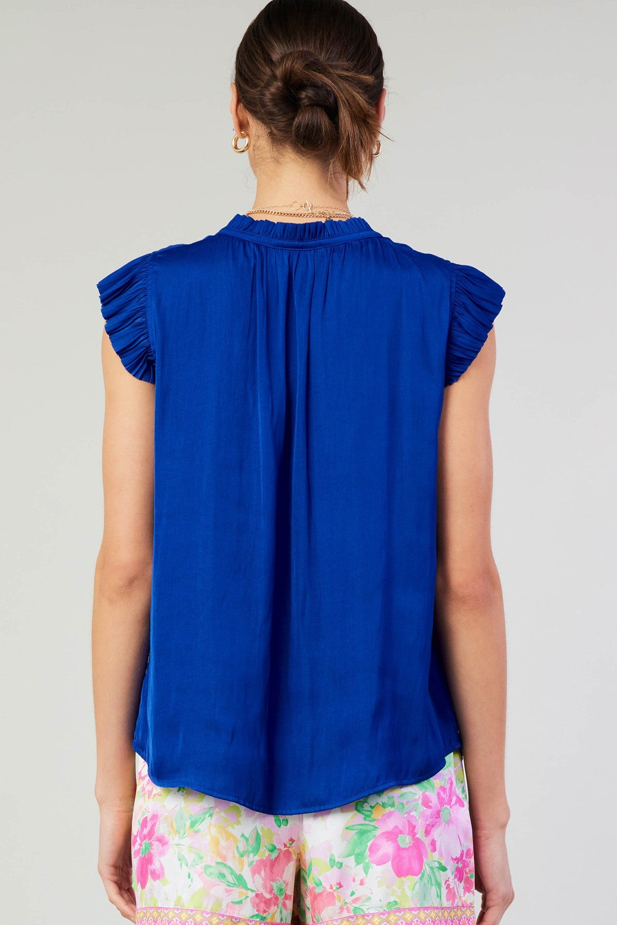 SALE | Pleated Short Sleeve Blouse | Silky Top with Tie | Red and Cobalt | Current Air