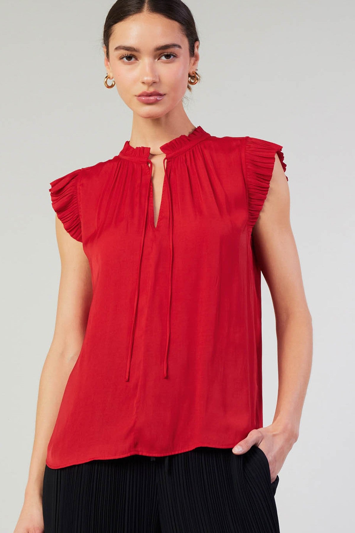 SALE | Pleated Short Sleeve Blouse | Silky Top with Tie | Red and Cobalt | Current Air