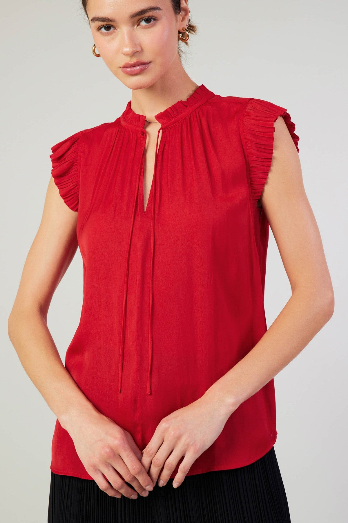 SALE | Pleated Short Sleeve Blouse | Silky Top with Tie | Red and Cobalt | Current Air