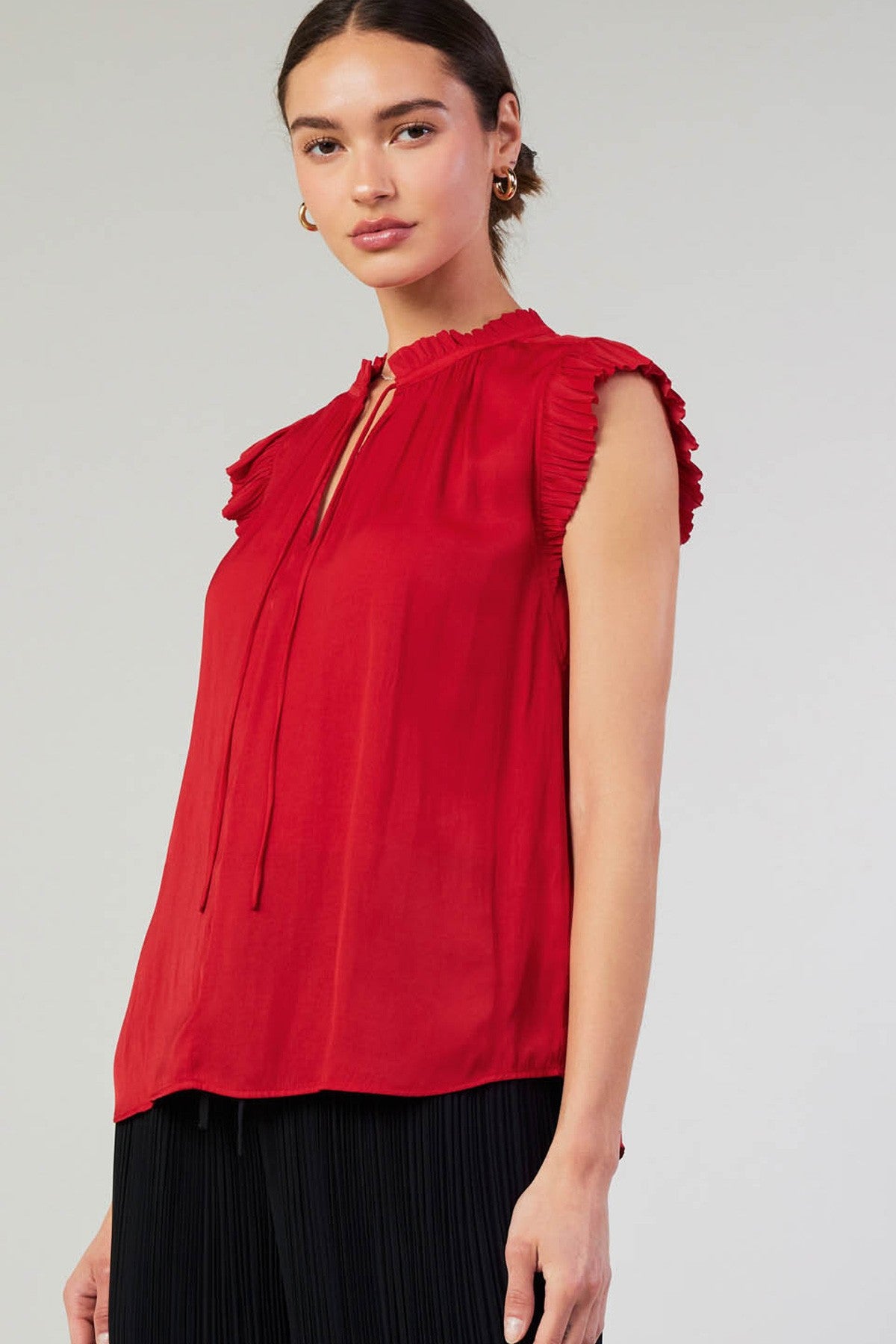 SALE | Pleated Short Sleeve Blouse | Silky Top with Tie | Red and Cobalt | Current Air