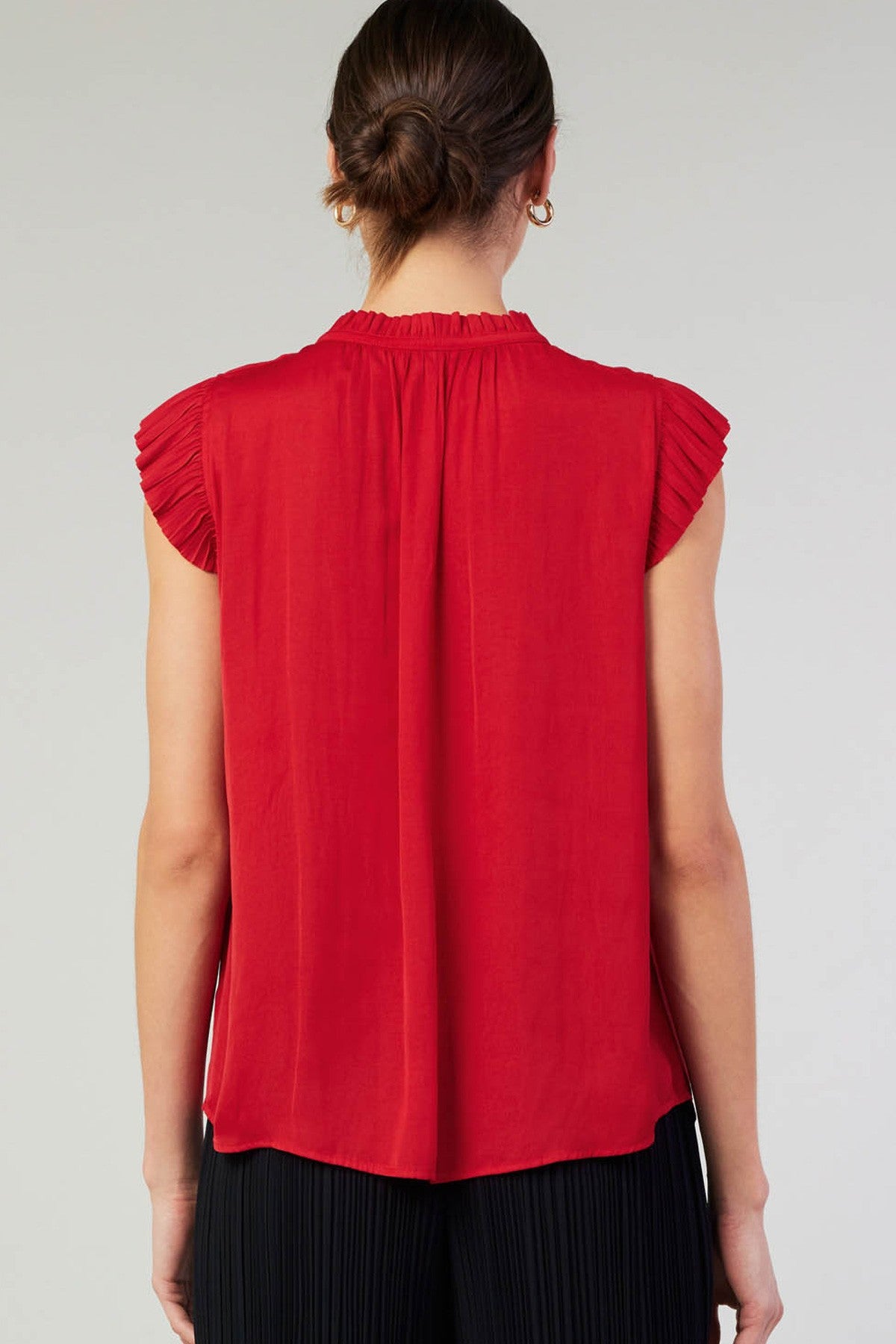 SALE | Pleated Short Sleeve Blouse | Silky Top with Tie | Red and Cobalt | Current Air