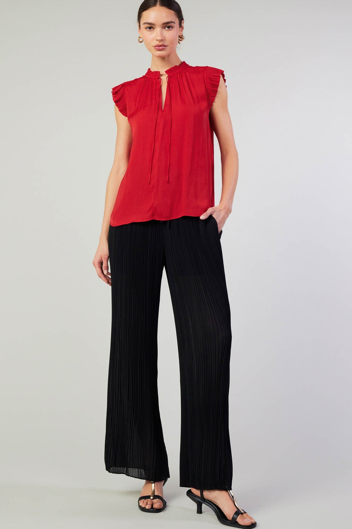 SALE | Pleated Short Sleeve Blouse | Silky Top with Tie | Red and Cobalt | Current Air