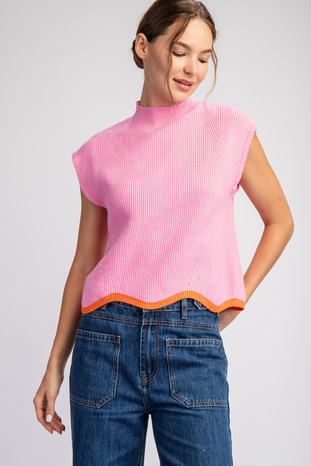 mock neck cap sleeve ribbed sleeveless sweater