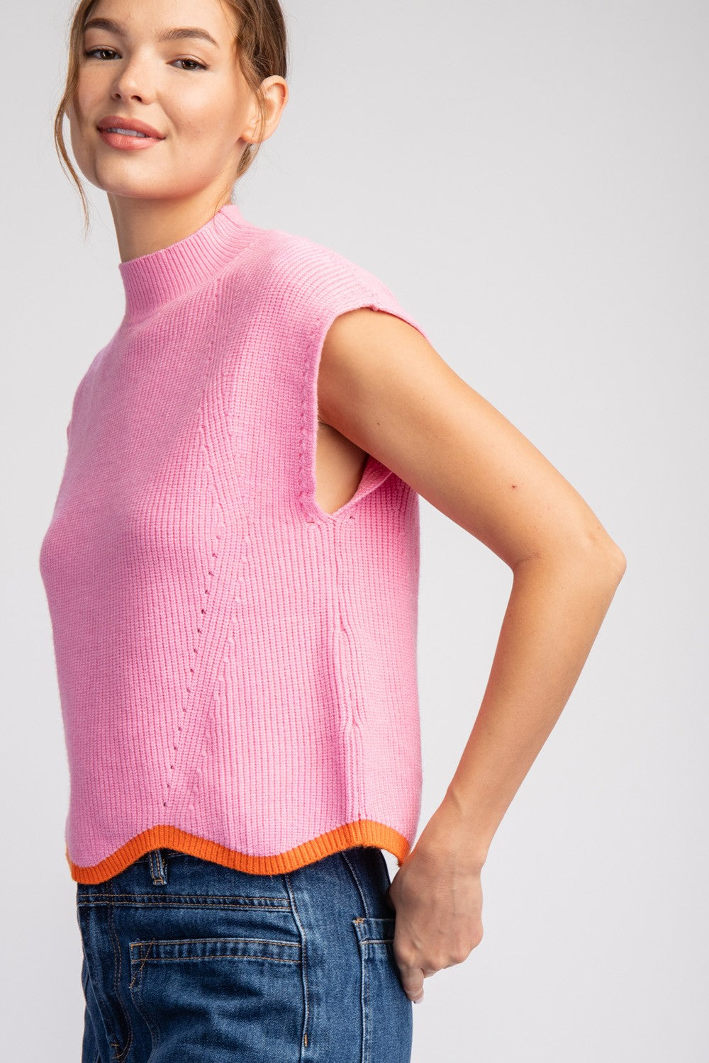 mock neck cap sleeve ribbed sleeveless sweater