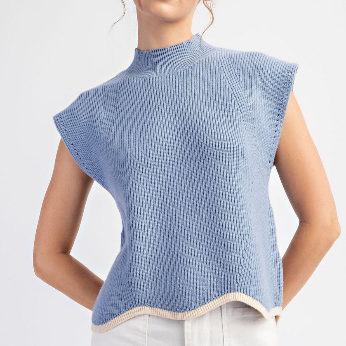 mock neck cap sleeve ribbed sleeveless sweater